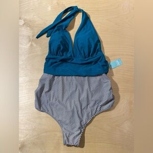 Zoila Maternity Teal and Striped One-Piece Swimsuit 2 XL (MX)